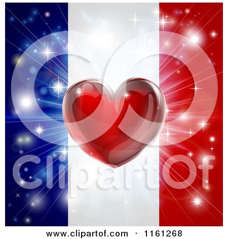 Clipart of a Shiny Red Heart and Fireworks over a French Flag - Royalty Free Vector Illustration by AtStockIllustration