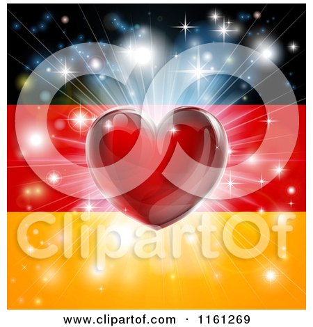 Clipart of a Shiny Red Heart and Fireworks over a German Flag - Royalty Free Vector Illustration by AtStockIllustration