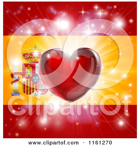 Clipart of a Shiny Red Heart and Fireworks over a Spanish Flag - Royalty Free Vector Illustration by AtStockIllustration