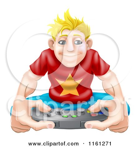 Cartoon of an Obsessed Blond Gamer Guy Holding a Remote - Royalty Free Vector Clipart by AtStockIllustration
