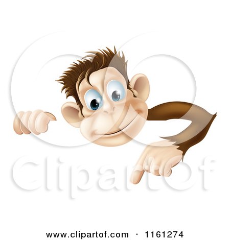 Cartoon of a Happy Monkey Looking over and Pointing down at a Sign - Royalty Free Vector Clipart by AtStockIllustration