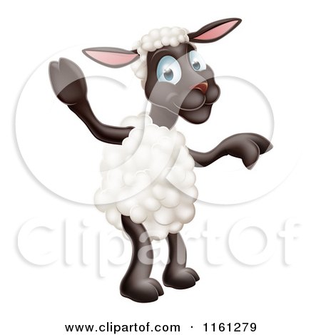 Cartoon of a Happy Sheep Standing and Waving and Pointing - Royalty Free Vector Clipart by AtStockIllustration