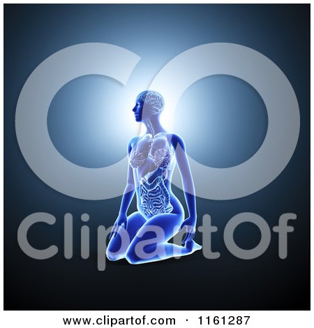 Clipart of a 3d X Ray Woman Kneeling with Visible Anatomy and Organs - Royalty Free CGI Illustration by Mopic