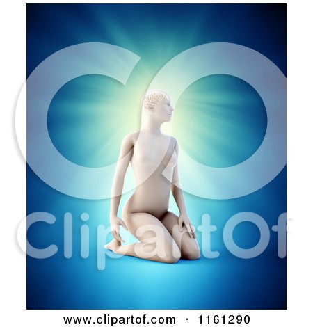 Clipart of a 3d Woman Kneeling with a Visible Brain over Blue - Royalty Free CGI Illustration by Mopic