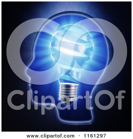 Clipart of a 3d Head with a Shining Blue Spiral Light Bulb - Royalty Free CGI Illustration by Mopic