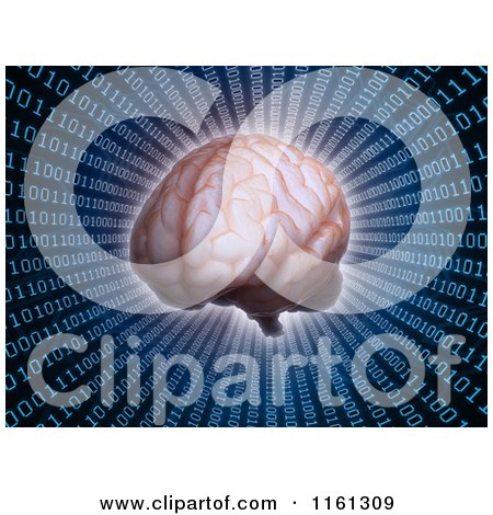 Clipart of a 3d Human Brain in a Binary Code Tunnel - Royalty Free CGI Illustration by Mopic