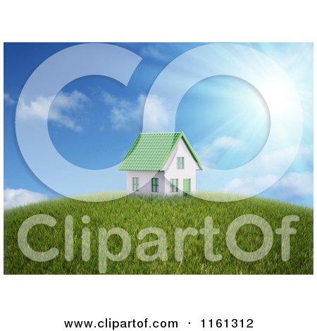 Clipart of a 3d House with a Green Roof on Top of a Hill Under the Sun - Royalty Free CGI Illustration by Mopic