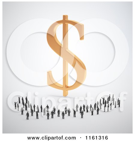 Clipart of a Crowd of 3d Tiny People Around a Golden Dollar Symbol - Royalty Free CGI Illustration by Mopic