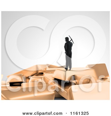 Clipart of a 3d Gold Digger with a Pickaxe Standing on Top of Bars - Royalty Free CGI Illustration by Mopic