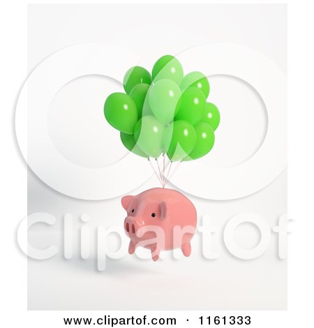 Clipart of a 3d Pink Piggy Bank Floating with Green Balloons - Royalty Free CGI Illustration by Mopic