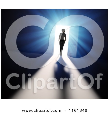 Clipart of a 3d Woman Walking Through a Door with Bright Light - Royalty Free CGI Illustration by Mopic