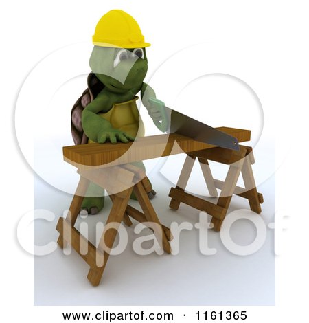 Clipart of a 3d Carpenter Tortoise Worker Cutting Wood with a Saw - Royalty Free CGI Illustration by KJ Pargeter