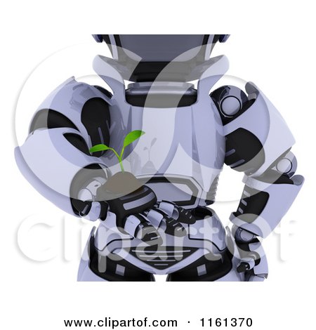 Clipart of a 3d Cropped Robot Holding a Seedling Plant and Soil - Royalty Free CGI Illustration by KJ Pargeter