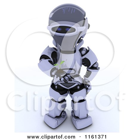 Clipart of a 3d Robot Holding a Seedling Plant and Soil - Royalty Free CGI Illustration by KJ Pargeter
