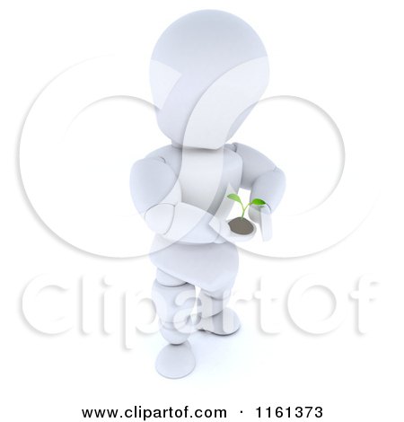 Clipart of a 3d Gentle White Character Holding out a Seedling Plant and Soil - Royalty Free CGI Illustration by KJ Pargeter