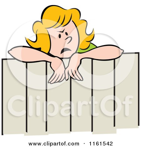 Cartoon of a Mean Blond Neighbor Woman Talking over a Fence - Royalty Free Vector Clipart by Johnny Sajem