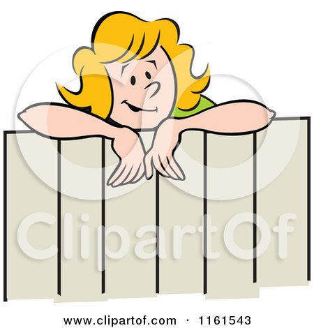 Cartoon of a Happy Blond Neighbor Woman Talking over a Fence - Royalty Free Vector Clipart by Johnny Sajem
