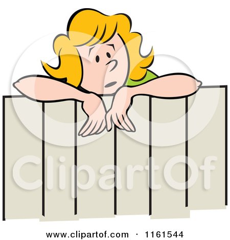 Cartoon of a Concerned Blond Neighbor Woman Talking over a Fence - Royalty Free Vector Clipart by Johnny Sajem