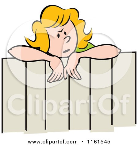 Cartoon of a Happy Blond Neighbor Woman Talking over a Fence - Royalty