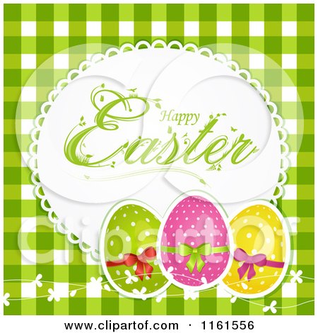 Clipart of a Happy Easter Greeting with Polka Dot Eggs and Vines over Green Gingham - Royalty Free Vector Illustration by elaineitalia