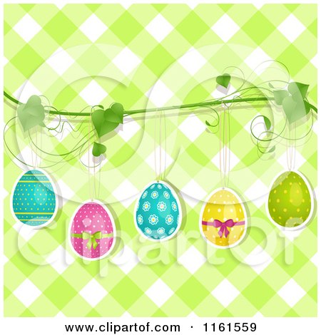 Clipart of Easter Eggs Hanging from a Vine over Green Gingham - Royalty Free Vector Illustration by elaineitalia