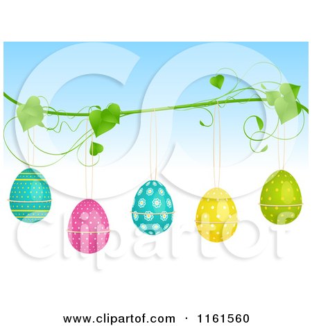 Clipart of Polka Dot and Floral Easter Eggs Suspended from a Vine - Royalty Free Vector Illustration by elaineitalia