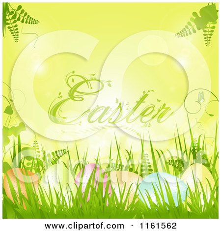 Clipart of Colorful Eggs in Grass Under Easter Text on Green - Royalty Free Vector Illustration by elaineitalia