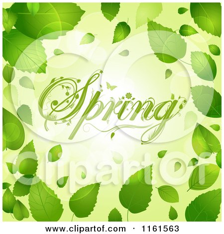Clipart of Floral Spring Text over Flares and Bordered with Green Leaves - Royalty Free Vector Illustration by elaineitalia