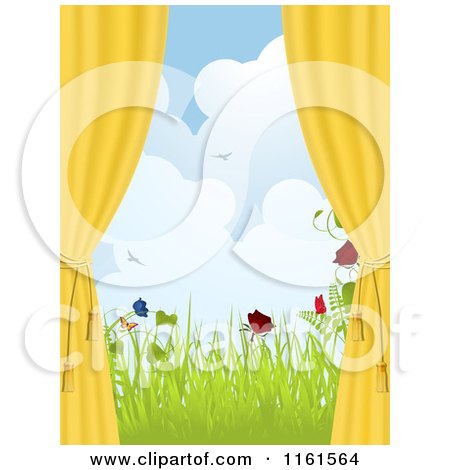 Clipart of a Yellow Window Drapes Tied to the Side with a View of Spring Flowers and Butterflies - Royalty Free Vector Illustration by elaineitalia