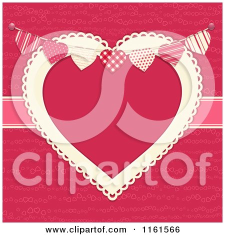 Clipart of a Bunting over a Doily Heart Frame on Pink with a Ribbon - Royalty Free Vector Illustration by elaineitalia