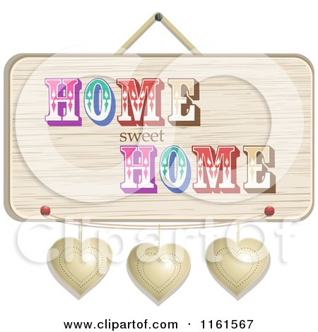 Clipart of a Hanging Wooden Home Sweet Home Sign with Three Metal Hearts - Royalty Free Vector Illustration by elaineitalia