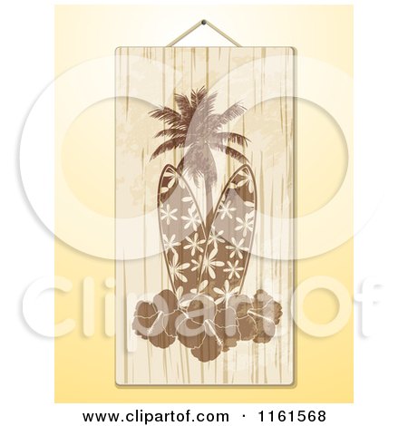 Clipart of a Hanging Wooden Surfboard Hibiscus and Palm Tree Sign over Yellow - Royalty Free Vector Illustration by elaineitalia