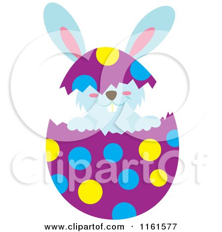 Cartoon of a Blue Easter Bunny Playing in a Polka Dot Egg Shell - Royalty Free Vector Clipart by Cherie Reve