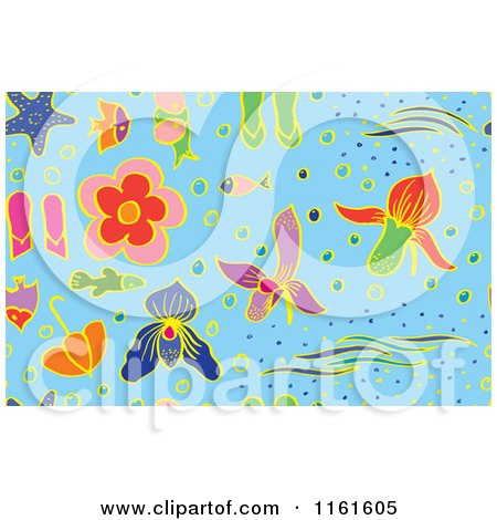 Clipart of a Seamless Flower and Beach Background Pattern on Blue - Royalty Free Vector Illustration by Cherie Reve