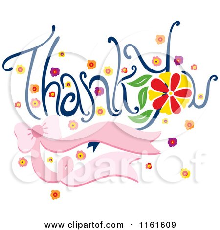 Cartoon of Thank You Text with Flowers and a Pink Bow - Royalty Free Vector Clipart by Cherie Reve