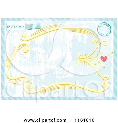Clipart of a Grungy Blue Invitation with a Postmark Heart and Frame - Royalty Free Vector Illustration by Cherie Reve
