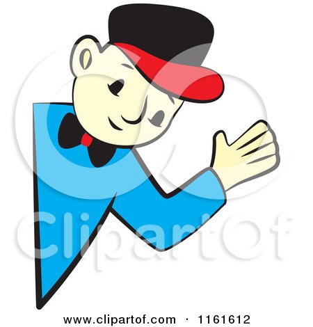 Cartoon of a Handy Man Waving Around a Corner - Royalty Free Vector Clipart by Cherie Reve