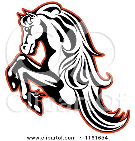 Clipart of a Black and White Rearing Horse Outlined in Red - Royalty Free Vector Illustration by Vector Tradition SM