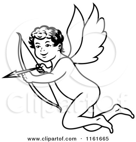 Clipart of a Black and White Cupid Aiming His Arrow - Royalty Free Vector Illustration by Vector Tradition SM