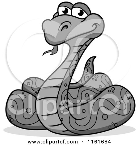 Cartoon of a Grayscale Happy Coiled Python Snake - Royalty Free Vector Clipart by Vector Tradition SM
