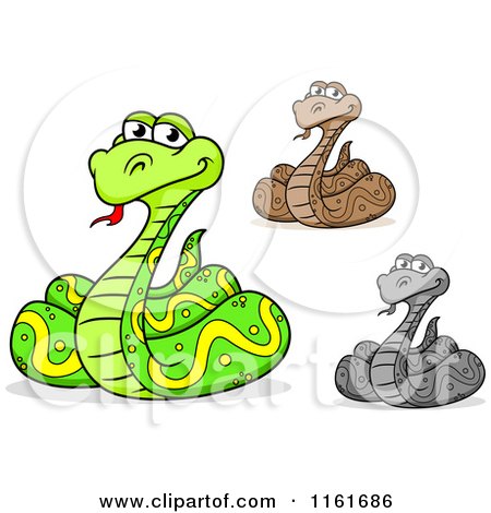 Cartoon of a Happy Coiled Python Snake in Three Colors - Royalty Free Vector Clipart by Vector Tradition SM