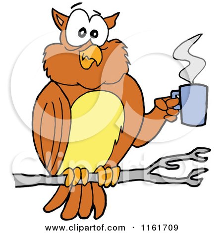 Cartoon of an Owl Perched with a Hot Cup of Coffee - Royalty Free Vector Clipart by LaffToon