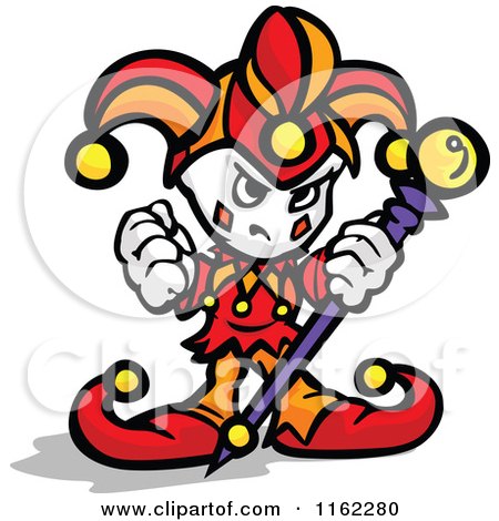 Cartoon of a Tough Little Jester Holding a Fist and Staff - Royalty Free Vector Clipart by Chromaco
