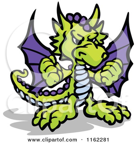 Cartoon of a Tough Green and Purple Dragon Holding up Fists - Royalty Free Vector Clipart by Chromaco