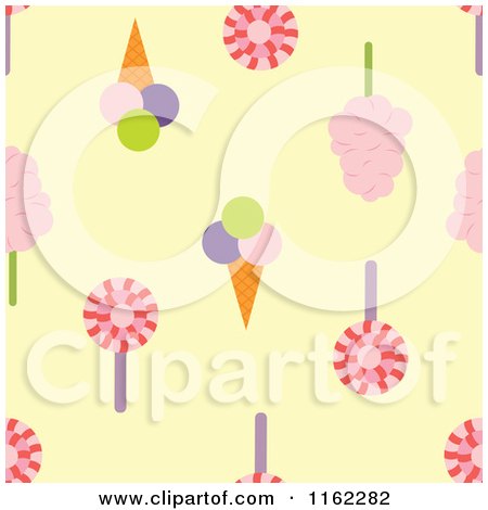 Clipart of a Seamless Loli Pop Ice Cream and Cotton Candy Pattern on Yellow - Royalty Free Vector Illustration by Cherie Reve