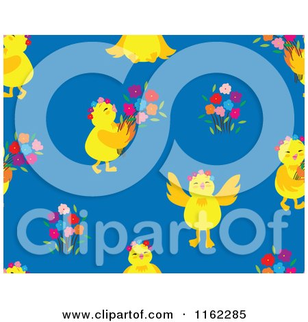 Clipart of a Seamless Chick and Flower Pattern on Blue - Royalty Free Vector Illustration by Cherie Reve