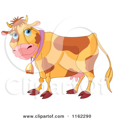 Cartoon of a Brown Dairy Cow Wearing a Bell - Royalty Free Vector Clipart by Pushkin