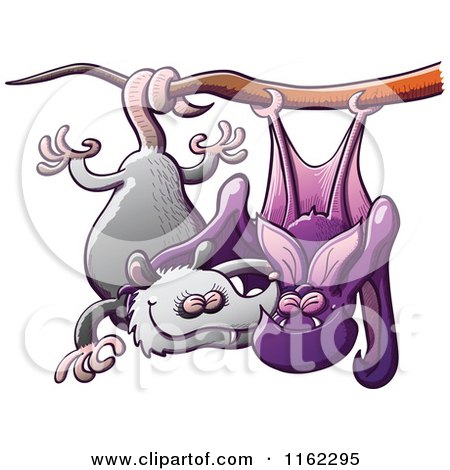 Cartoon of a Bat and Opossum Couple in Love, Hanging From a Tree - Royalty Free Vector Clipart by Zooco