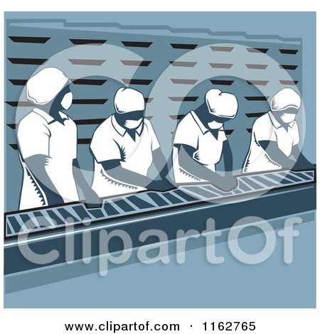 Clipart of Production Line Workers in Blue Tones - Royalty Free Vector Illustration by David Rey