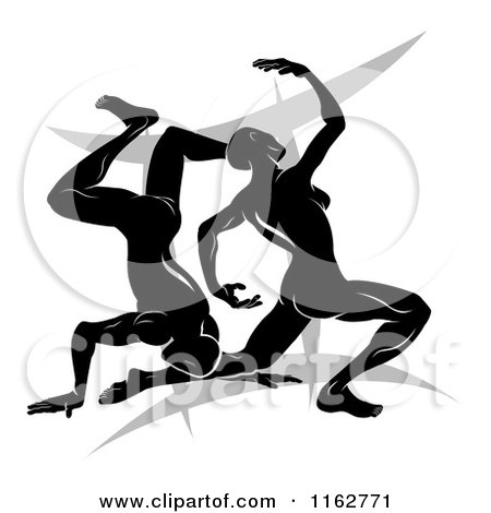 Clipart of Black and White Horoscope Zodiac Astrology Dancing Gemini Twins over a Symbol - Royalty Free Vector Illustration by AtStockIllustration